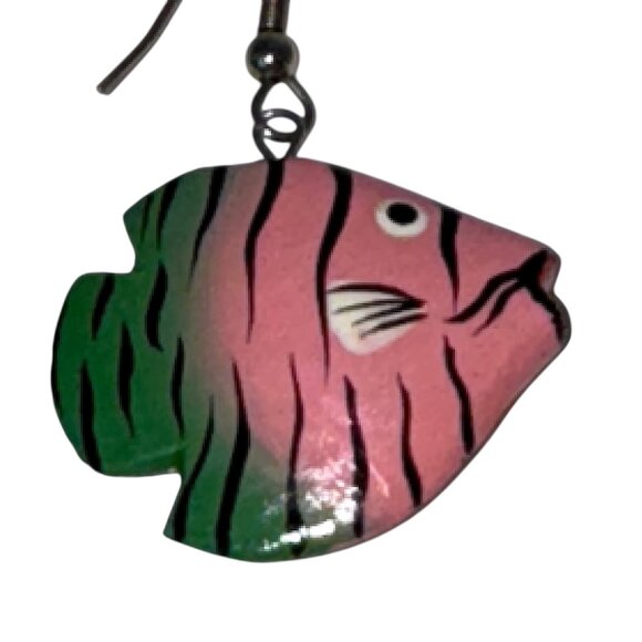 Novelty Wood Pink Fish Pierced Earrings Dangling Hook - Picture 3 of 3
